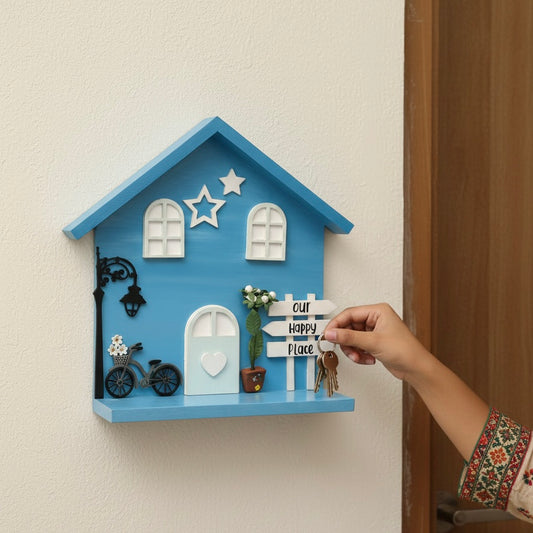 Personalised Hand-Painted Wooden Hut Key Holder With Shelf - Light Blue