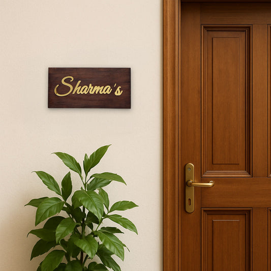 Rectangular Hand-Painted Wooden Name Plate For Home - Wooden Finish