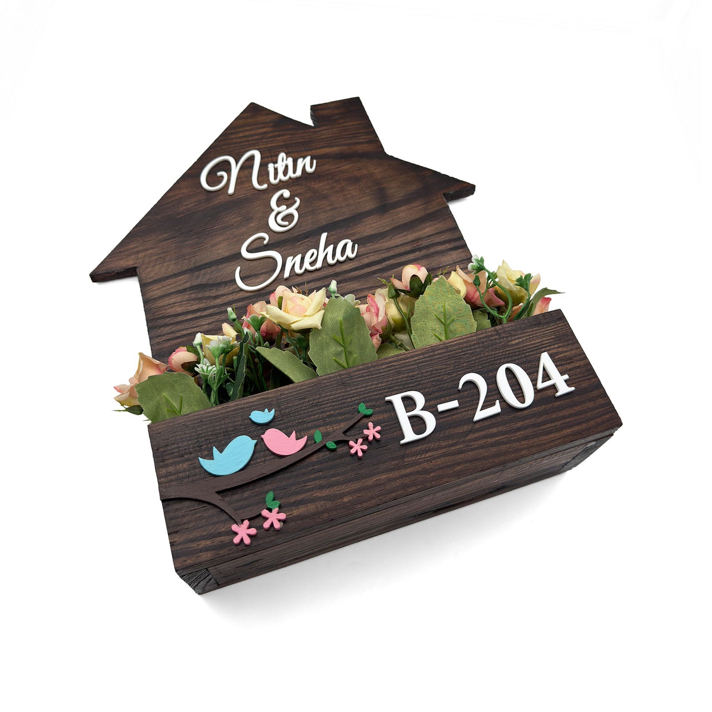Hut-Shaped Hand-Painted Wooden Planter Name Plate For Home - Wooden Finish