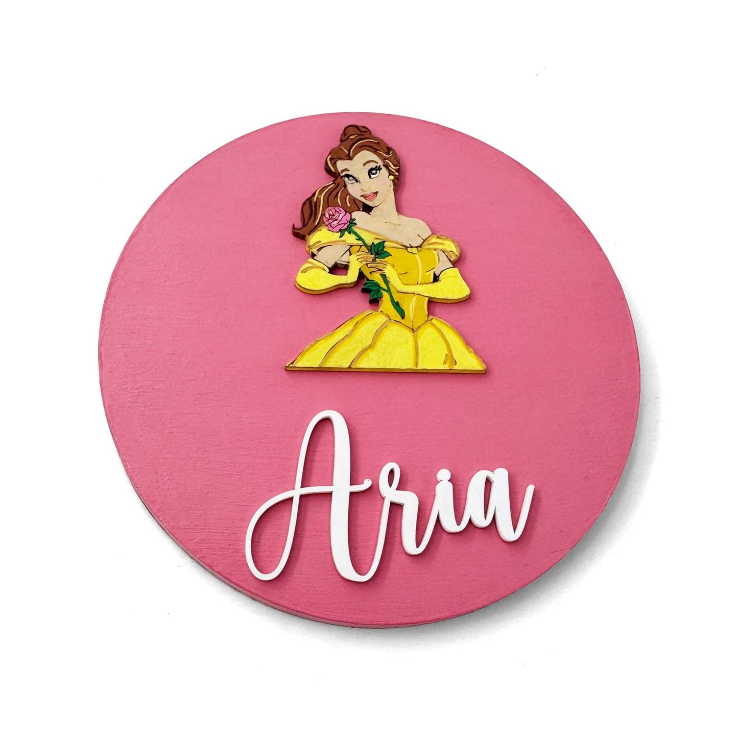 Disney Princess Belle Beauty And The Beast Themed Hand-Painted Wooden Name Plate For Kids