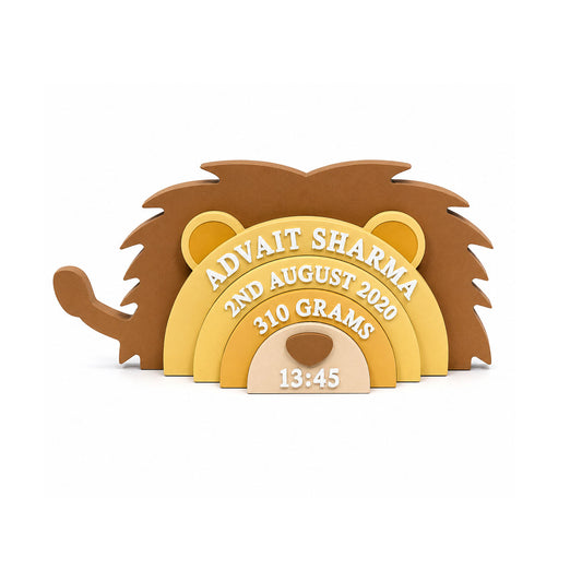 Lion Themed Hand-Painted Wooden Personalised Baby Birth Details Name Plate