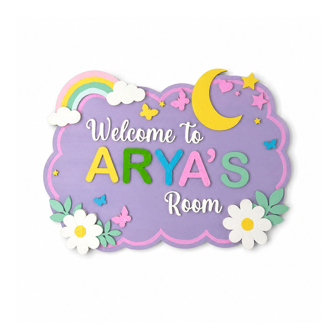 Rainbow & Flowers Themed Hand-Painted Wooden Scalloped Cloud Kids Name Plate - Design 1