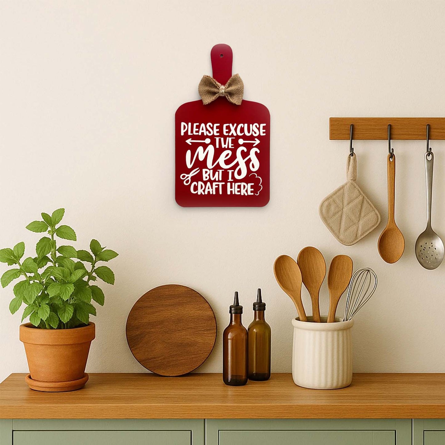 Please Excuse The Mess But I Craft Here Hand-Painted Wooden Chopping Board Kitchen Wall Hanging - Red