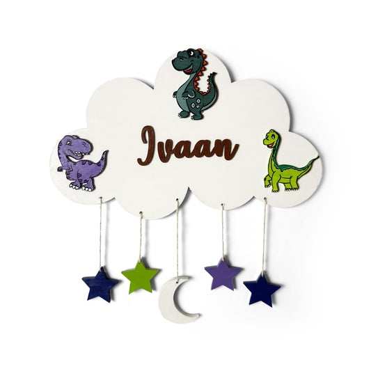 Cloud & Dinosaur Themed Hand-Painted Wooden Kids Name Plate