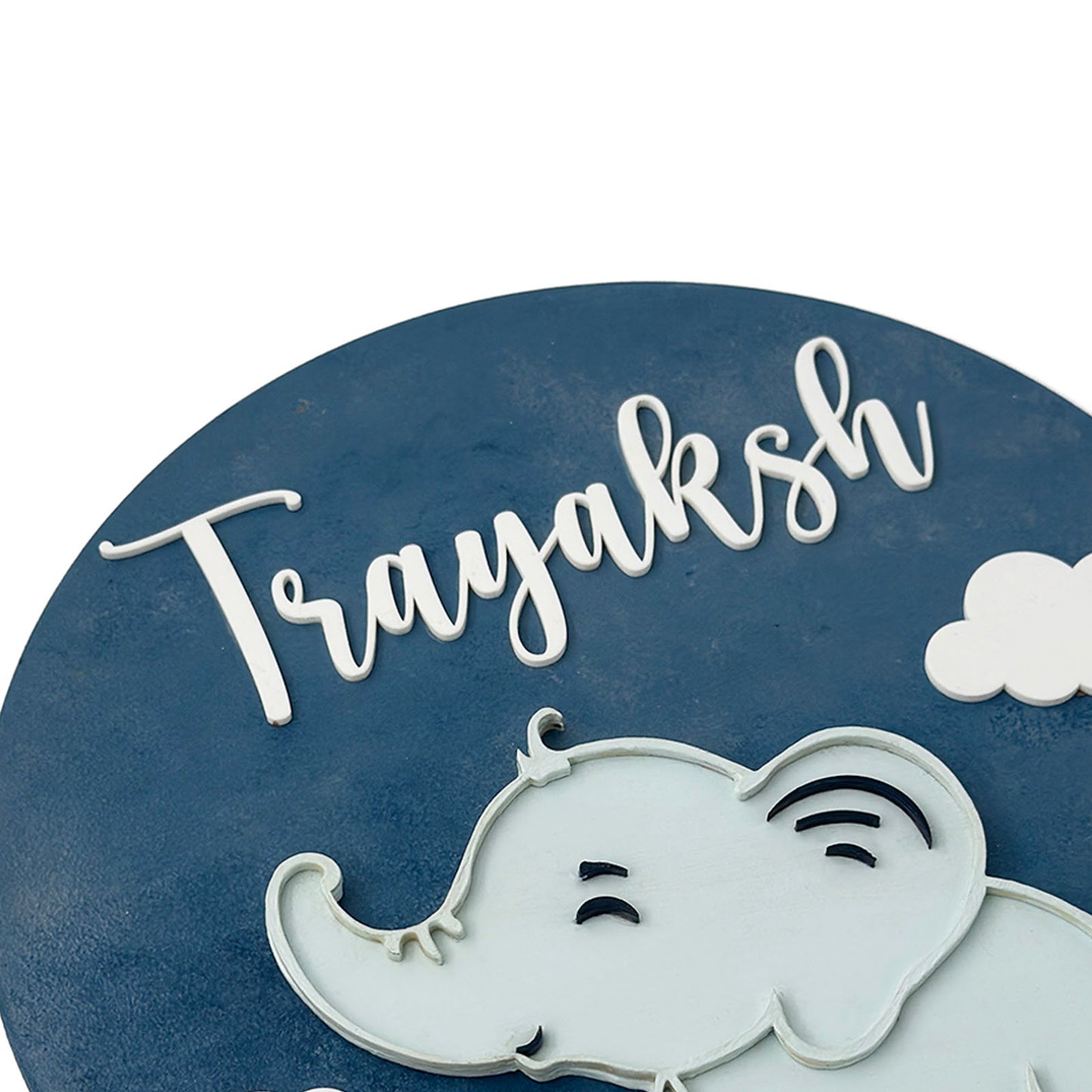 Elephant & Clouds Themed Hand-Painted Wooden Round Kids Name Plate - Design 1