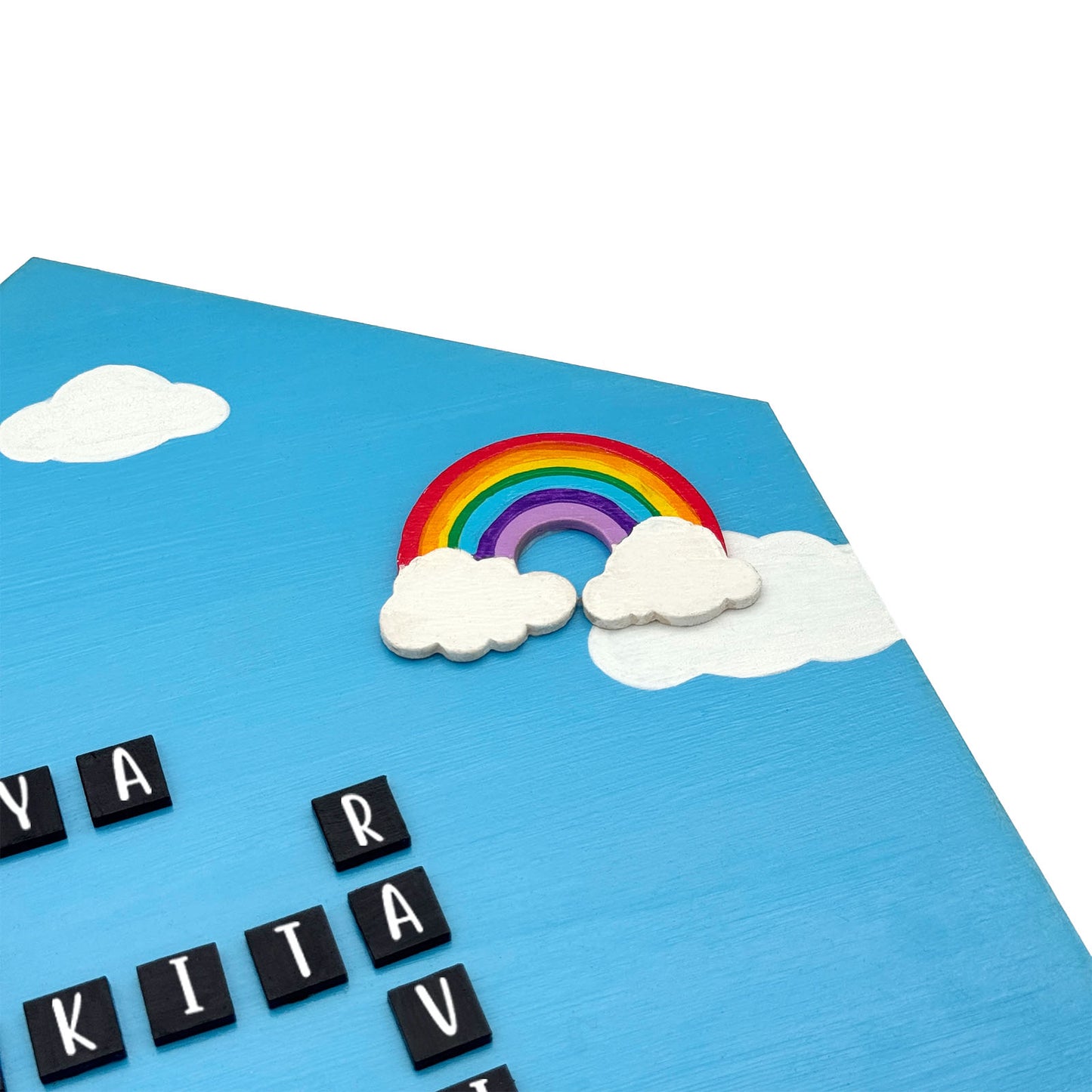 Crossword & Birds Themed Hut-Shaped Hand-Painted Wooden Name Plate For Home - Blue