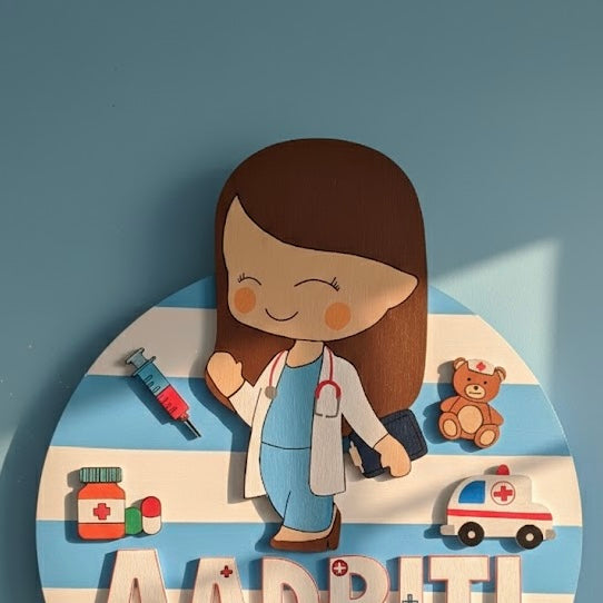 Doctor Themed Hand-Painted Wooden Round Kids Name Plate - Design 1
