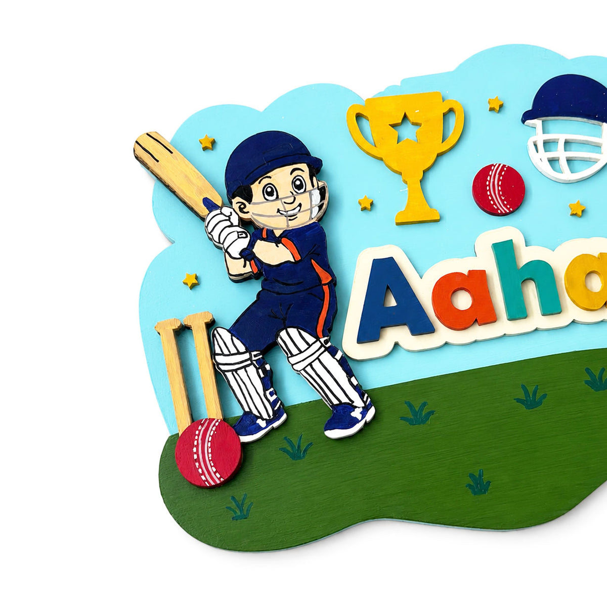 Football & Cricket Themed Hand-Painted Wooden Scalloped Cloud Kids Name Plate - Design 1