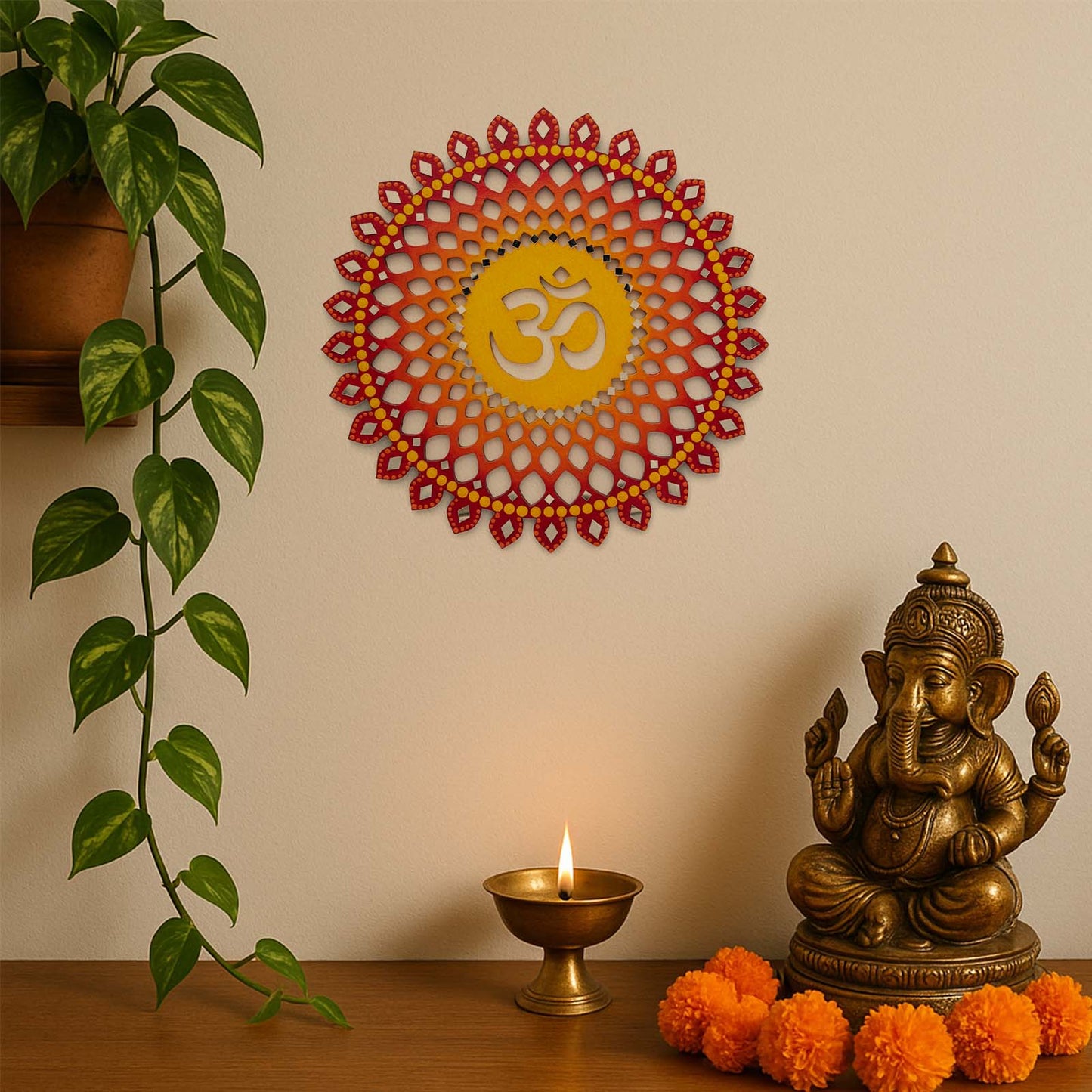 Sahasrara Chakra Om Hand-Painted Wooden Wall Hanging - Red