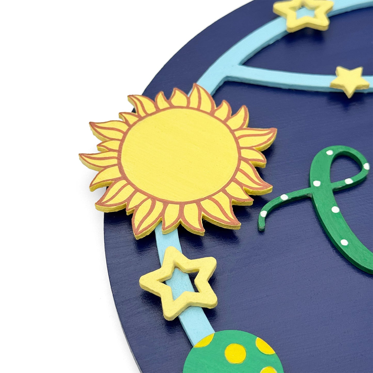 Space Themed Hand-Painted Wooden Round Kids Name Plate - Design 2