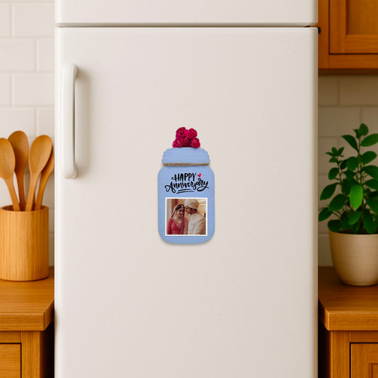 Happy Anniversary Hand-Painted Wooden Jar Fridge Magnet With Photo - Blue