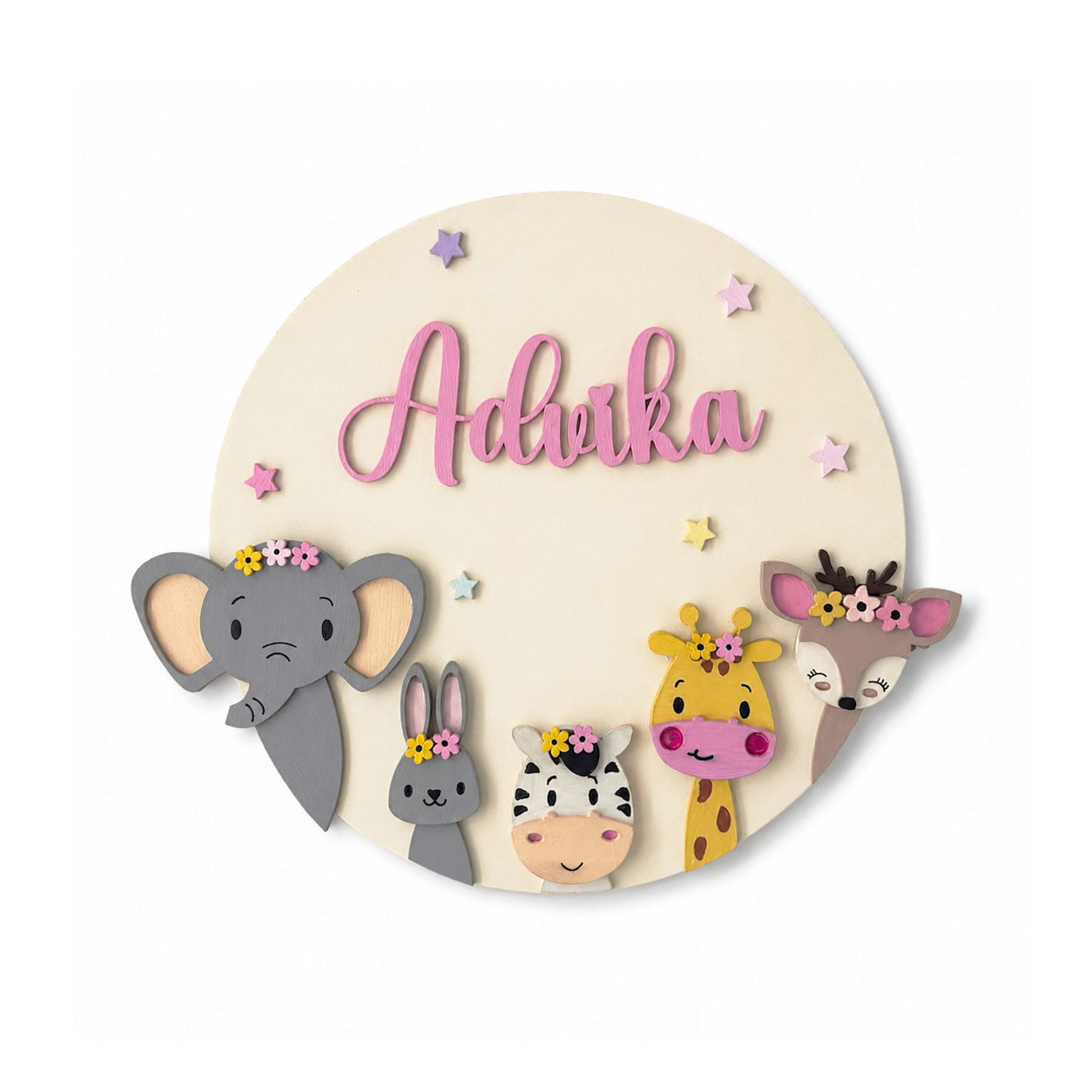 Animal Themed Hand-Painted Wooden Round Kids Name Plate - Design 9