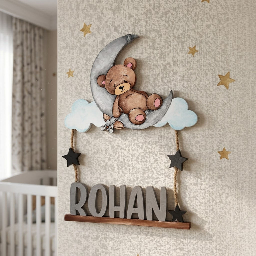 Teddy Bear Themed Hand-Painted Wooden Kids Name Plate - Design 1