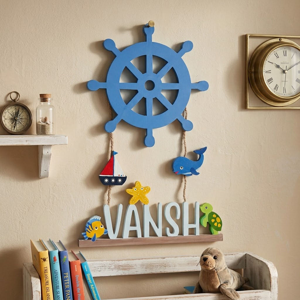 Ocean Themed Hand-Painted Wooden Kids Name Plate - Design 1