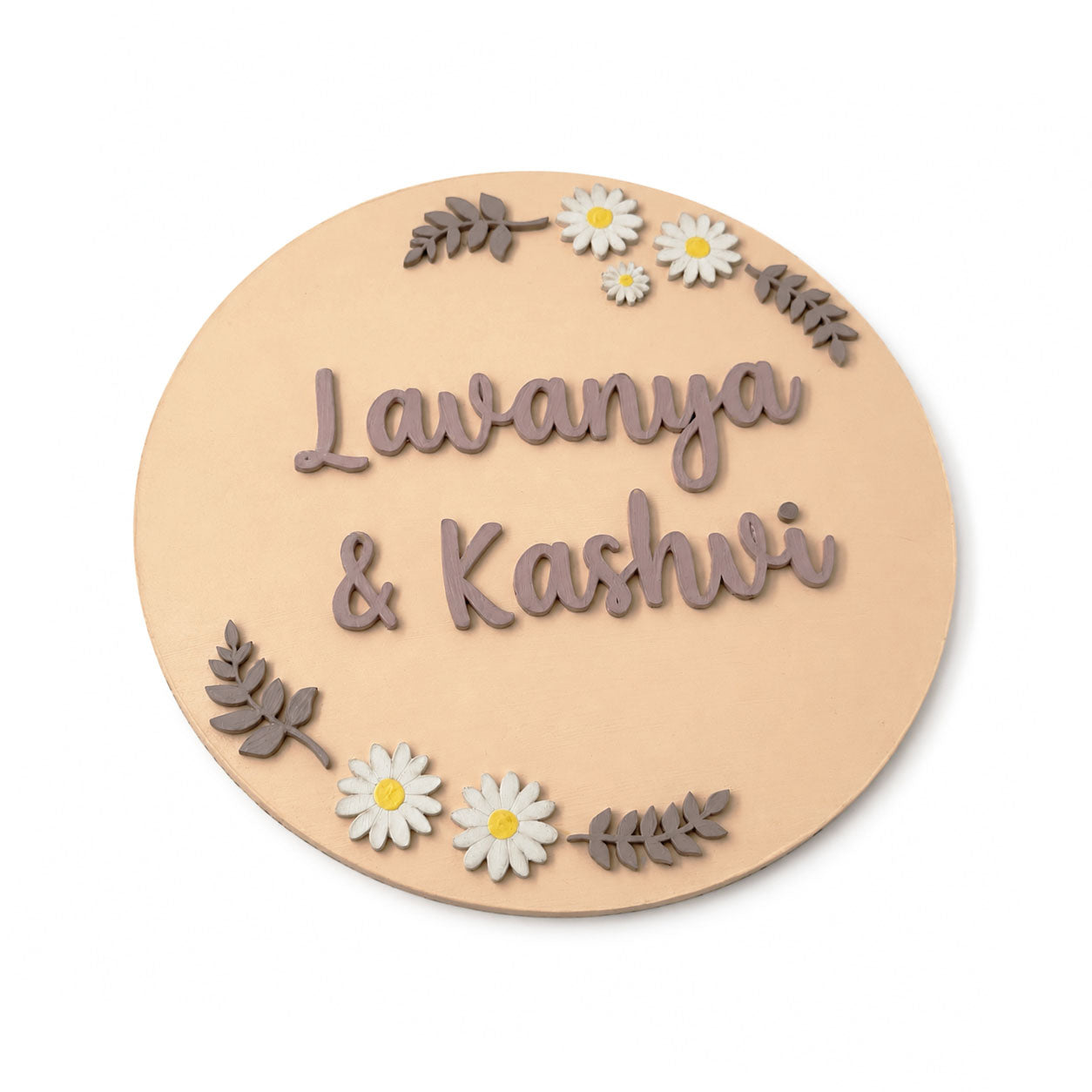 Flowers Themed Hand-Painted Wooden Round Kids Name Plate - Design 1