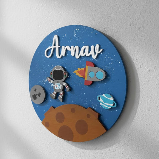 Space Themed Hand-Painted Wooden Round Kids Name Plate - Design 3