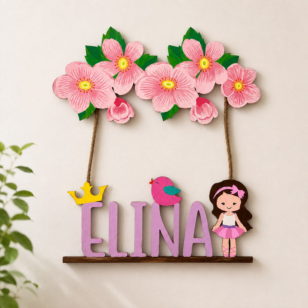Flower Themed Hand-Painted Wooden Kids Name Plate - Design 1