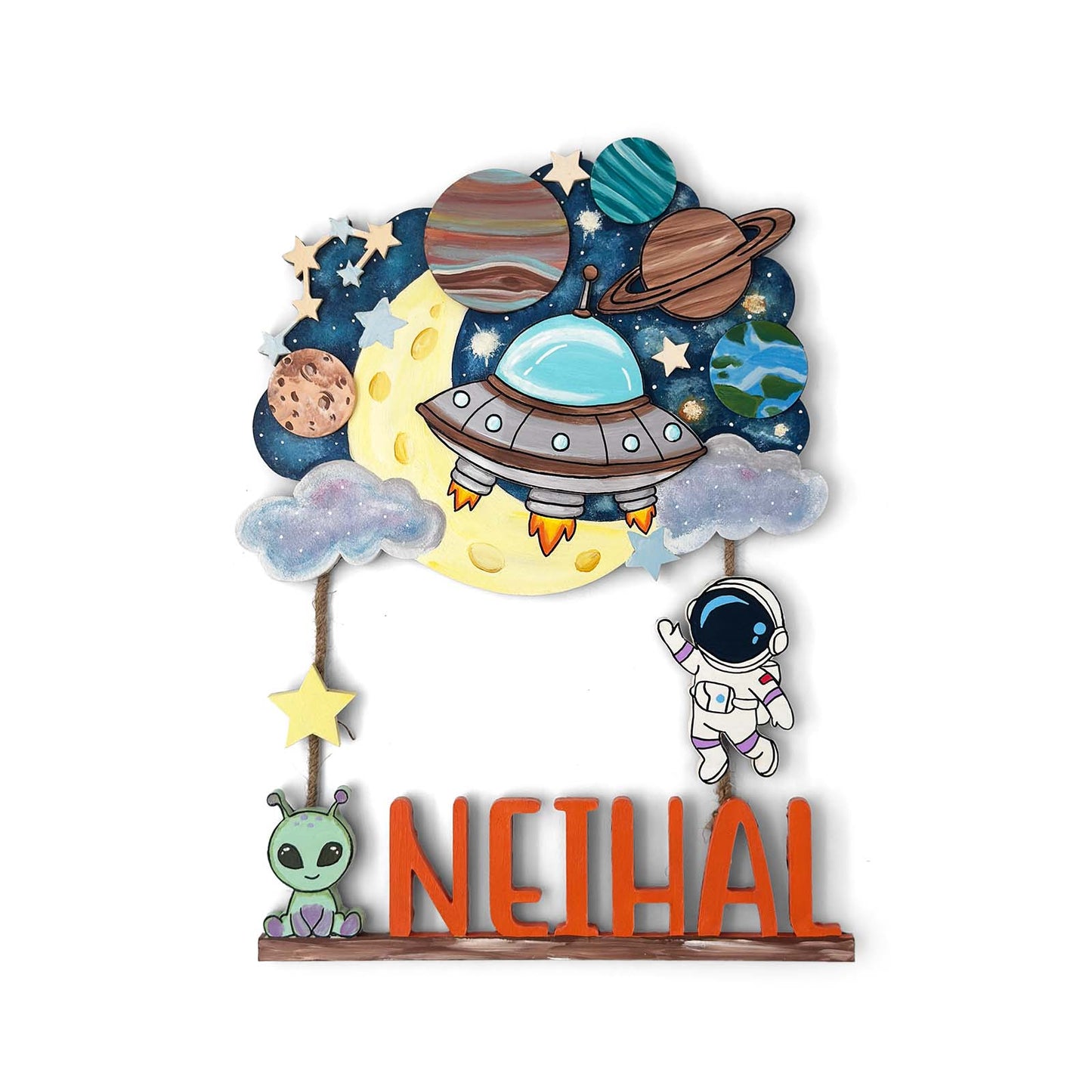 Space Themed Hand-Painted Wooden Kids Name Plate - Design 2