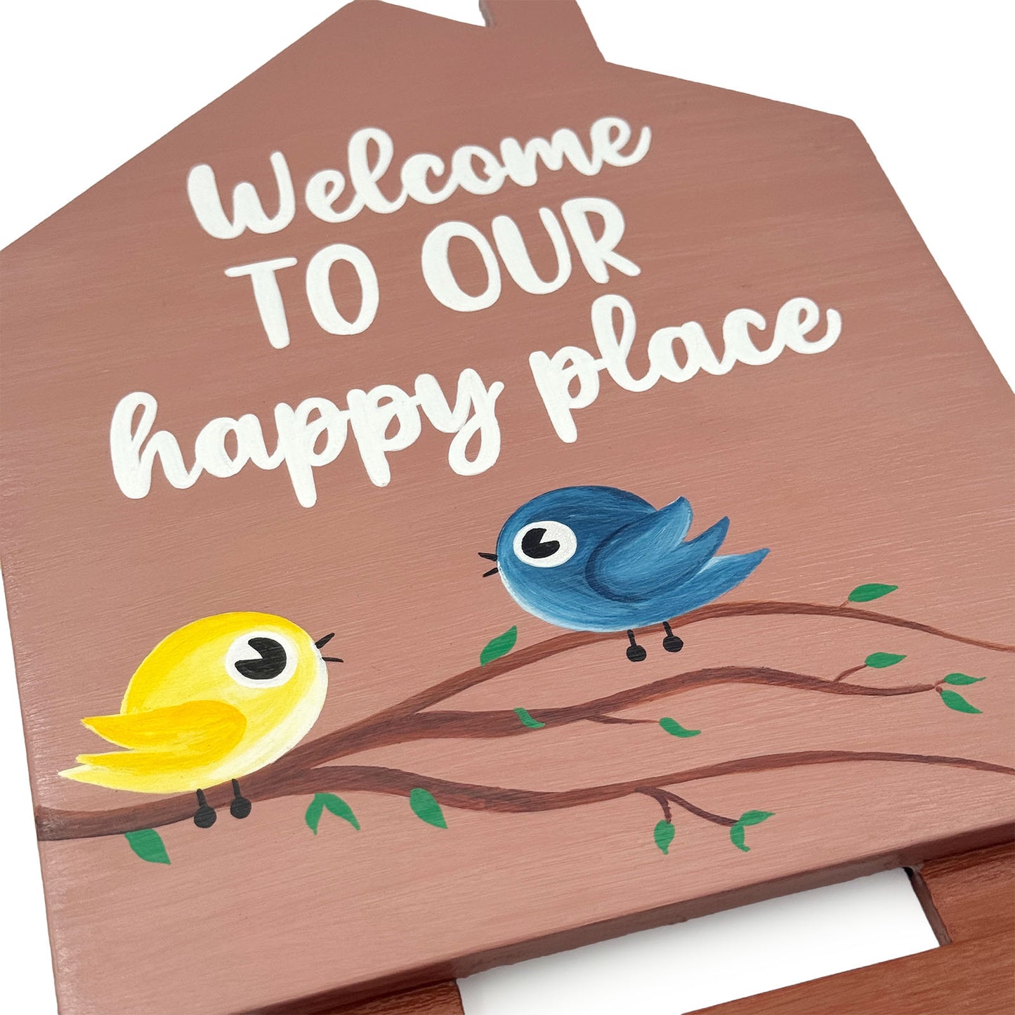 Birds Themed Hut-Shaped Hand-Painted Wooden Name Plate For Home - Hut & Two Planks