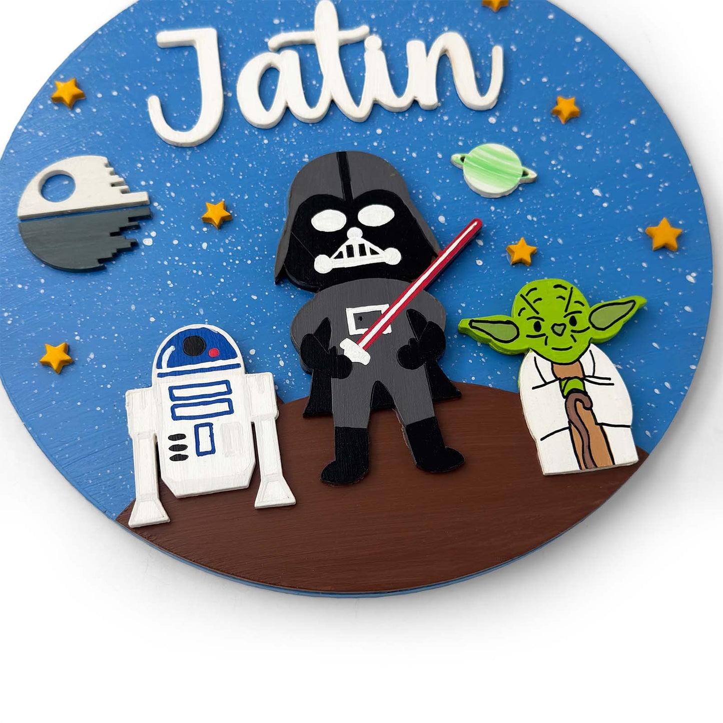 Star Wars Space Themed Hand-Painted Wooden Round Kids Name Plate - Design 1