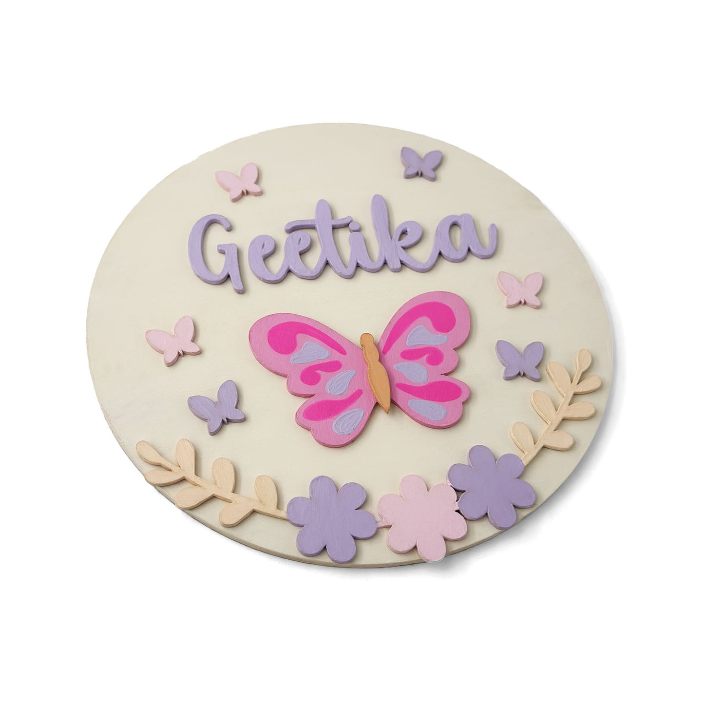 Butterfly & Flower Themed Hand-Painted Wooden Round Kids Name Plate - Design 2