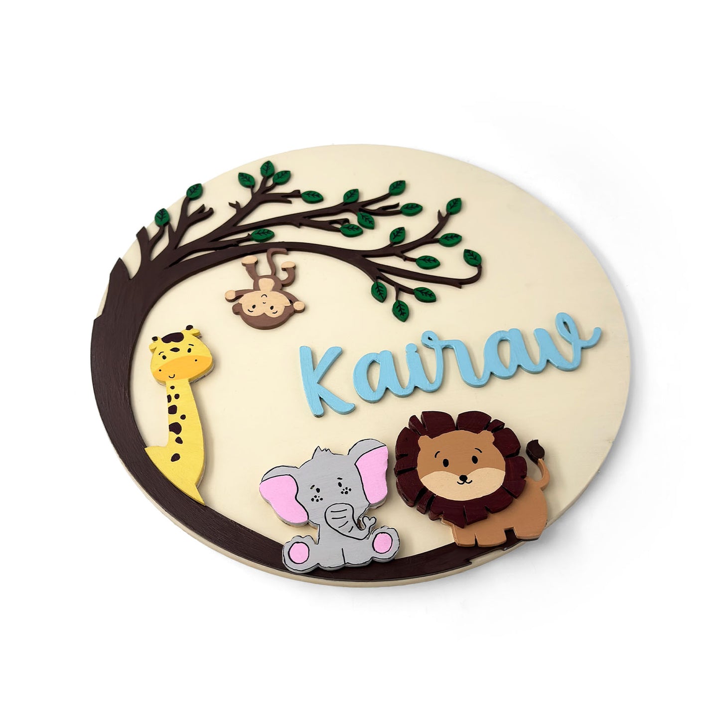 Animal Themed Hand-Painted Wooden Round Kids Name Plate - Design 8