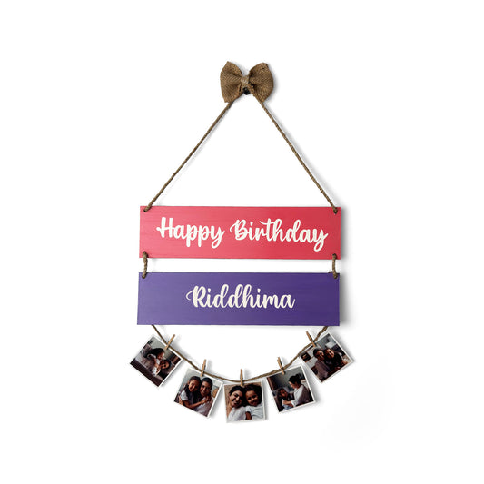 Happy Birthday Personalised Hand-Painted Wooden Photo Holder - Pink & Purple