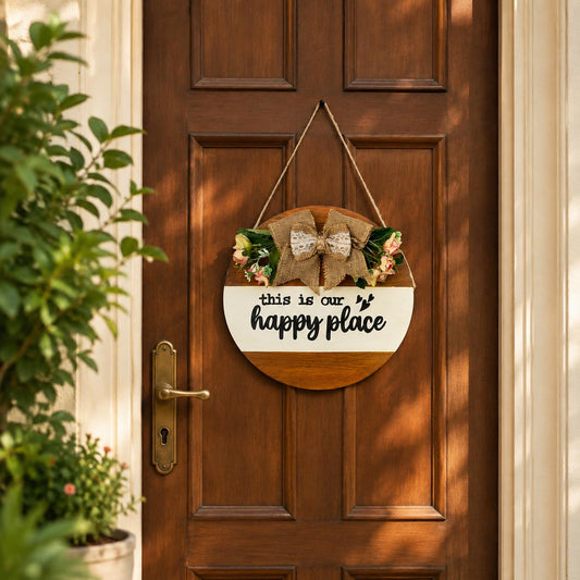 This Is Our Happy Place Hand-Painted Wooden Door Hanger - White & Wooden Finish