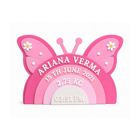 Butterfly Themed Hand-Painted Wooden Personalised Baby Birth Details Name Plate