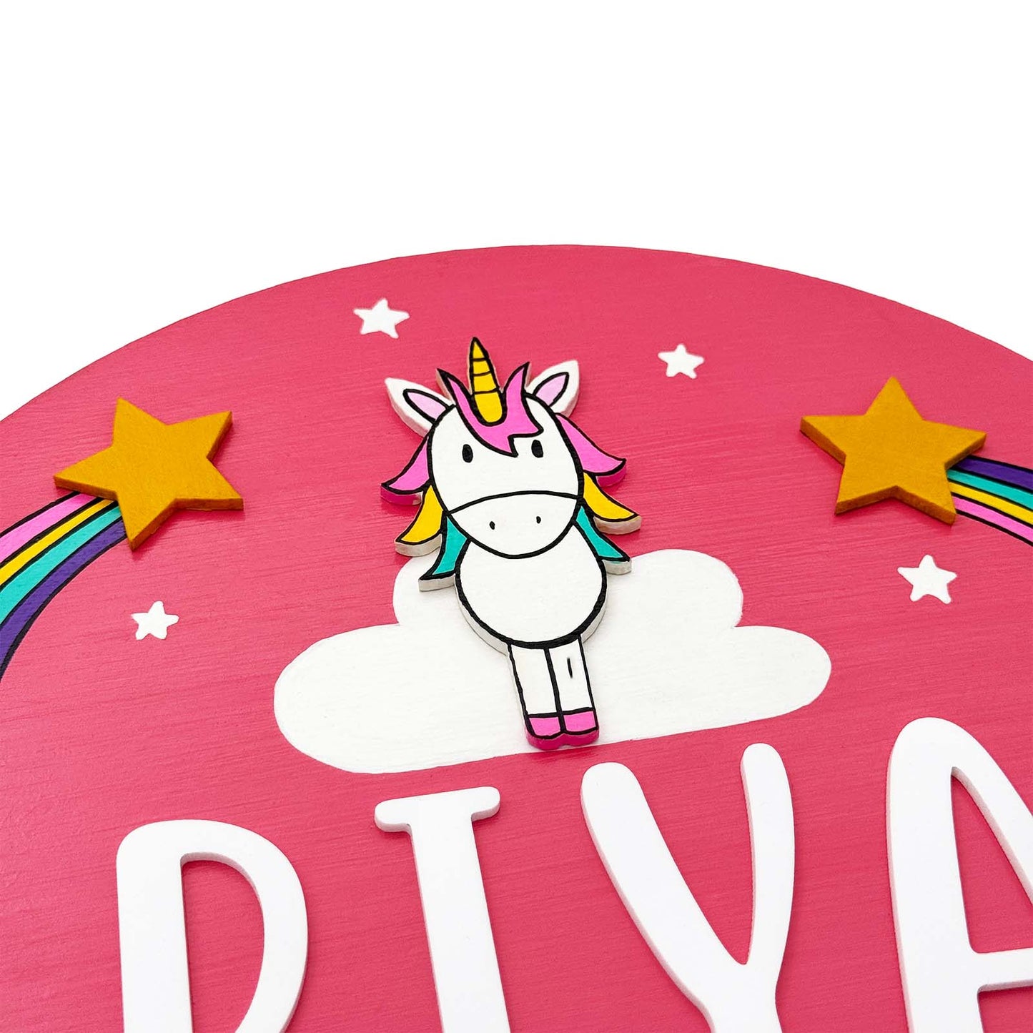 Unicorn Themed Hand-Painted Wooden Kids Name Plate -  Pink