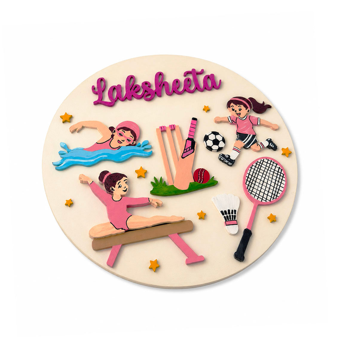 Sports Themed Hand-Painted Wooden Round Kids Name Plate - Design 2