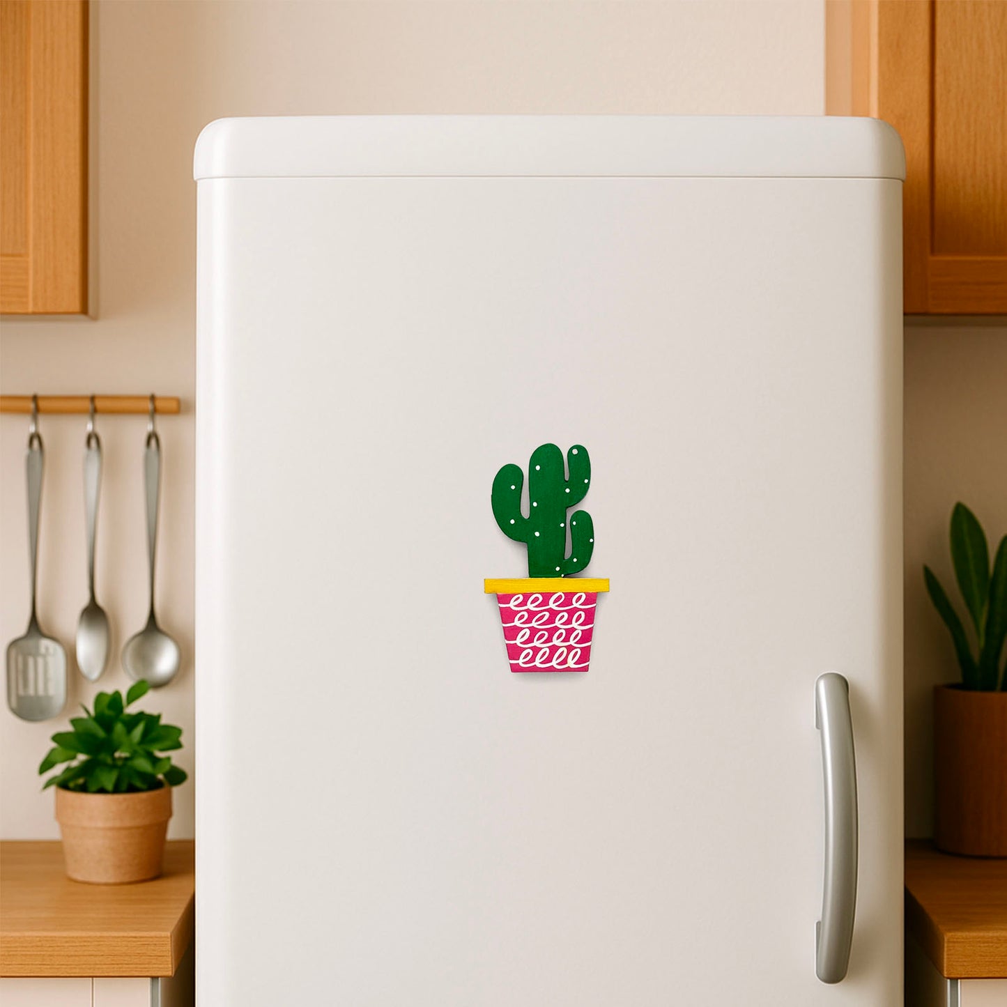 Hand-Painted Wooden Cactus Fridge Magnet - Design 3