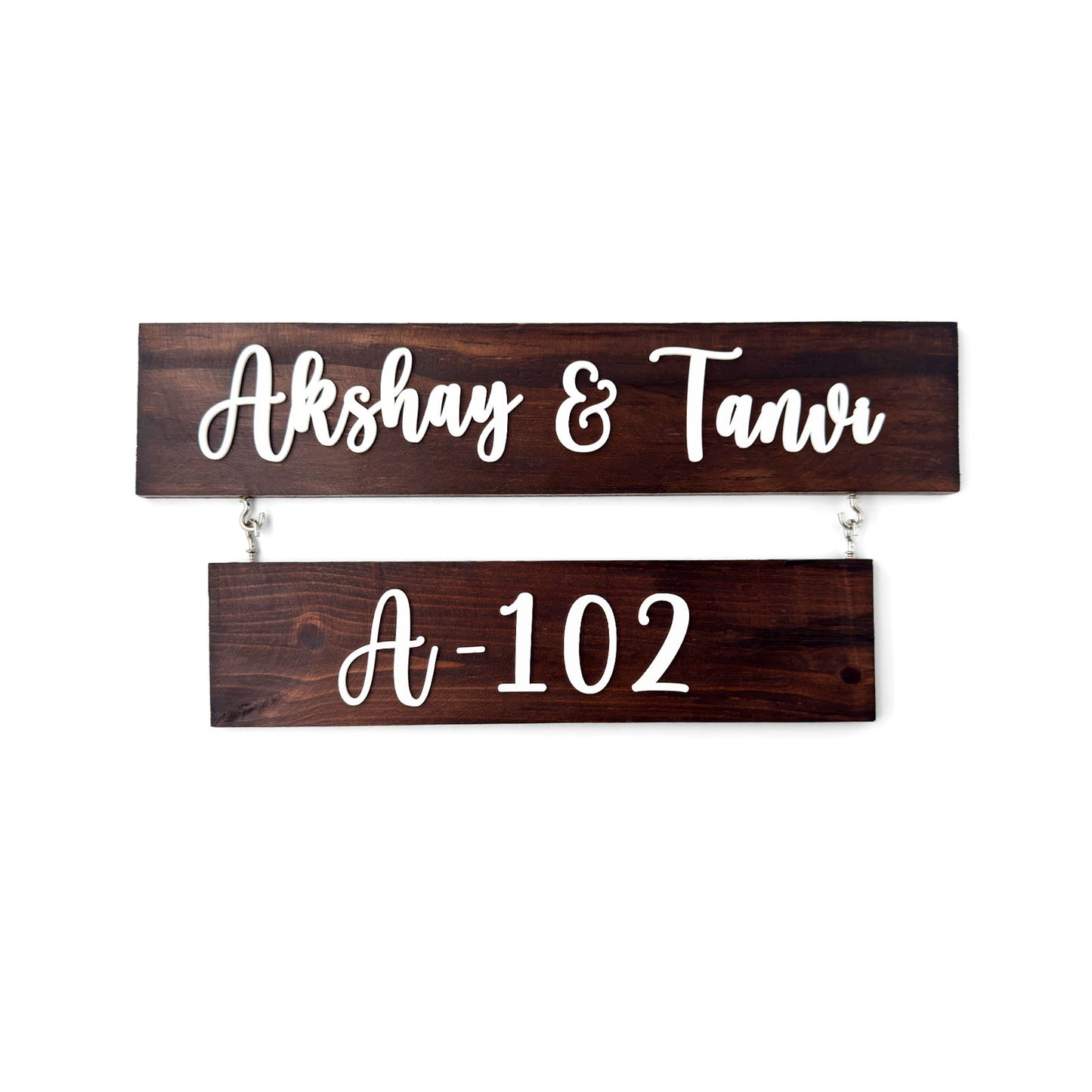 Two Plank Hand-Painted Wooden Name Plate For Home - Wooden Finish