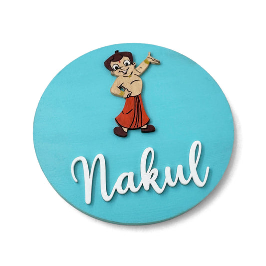 Chhota Bheem Themed Hand-Painted Wooden Name Plate For Kids