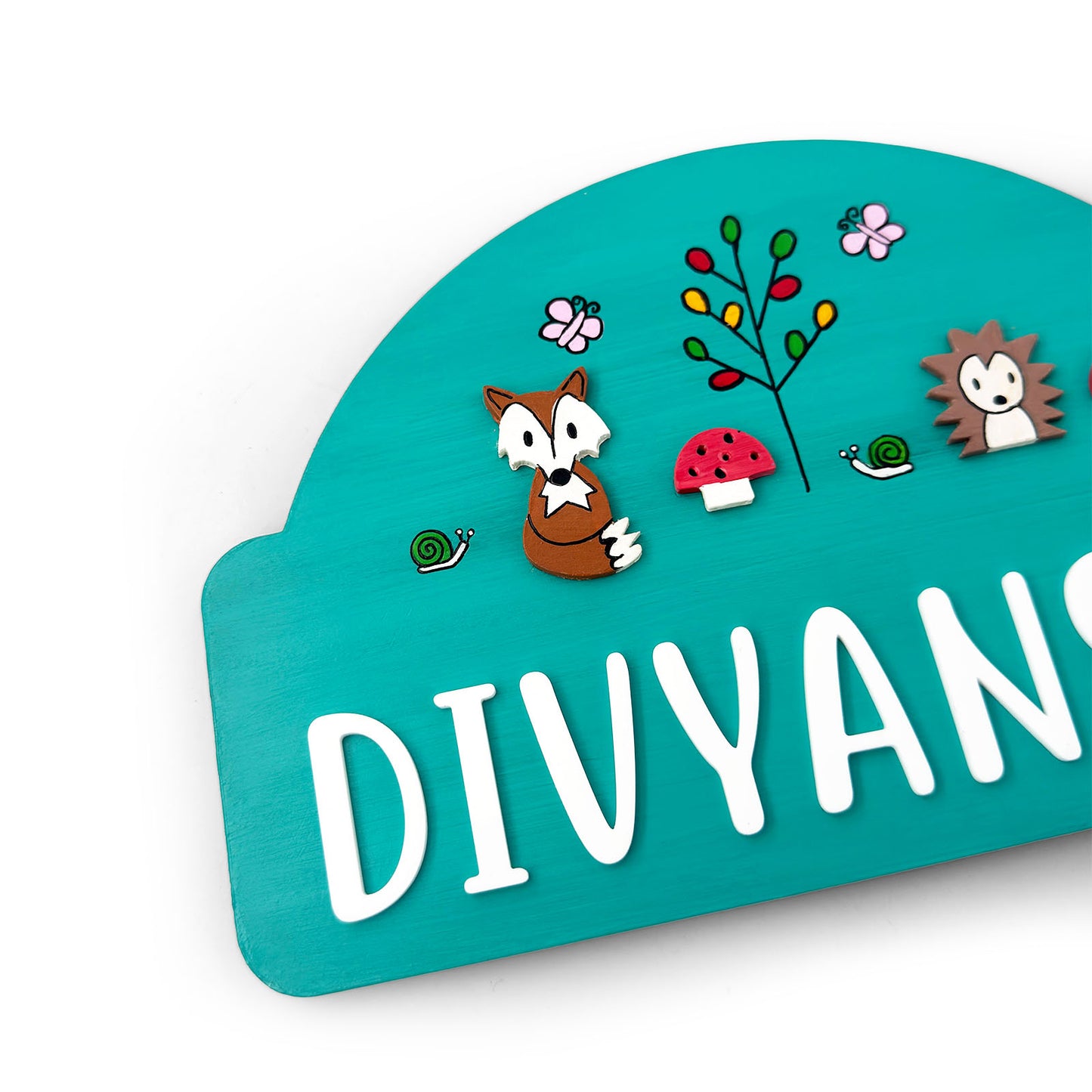 Woodland Animals Themed Hand-Painted Wooden Arch-Shaped Kids Name Plate