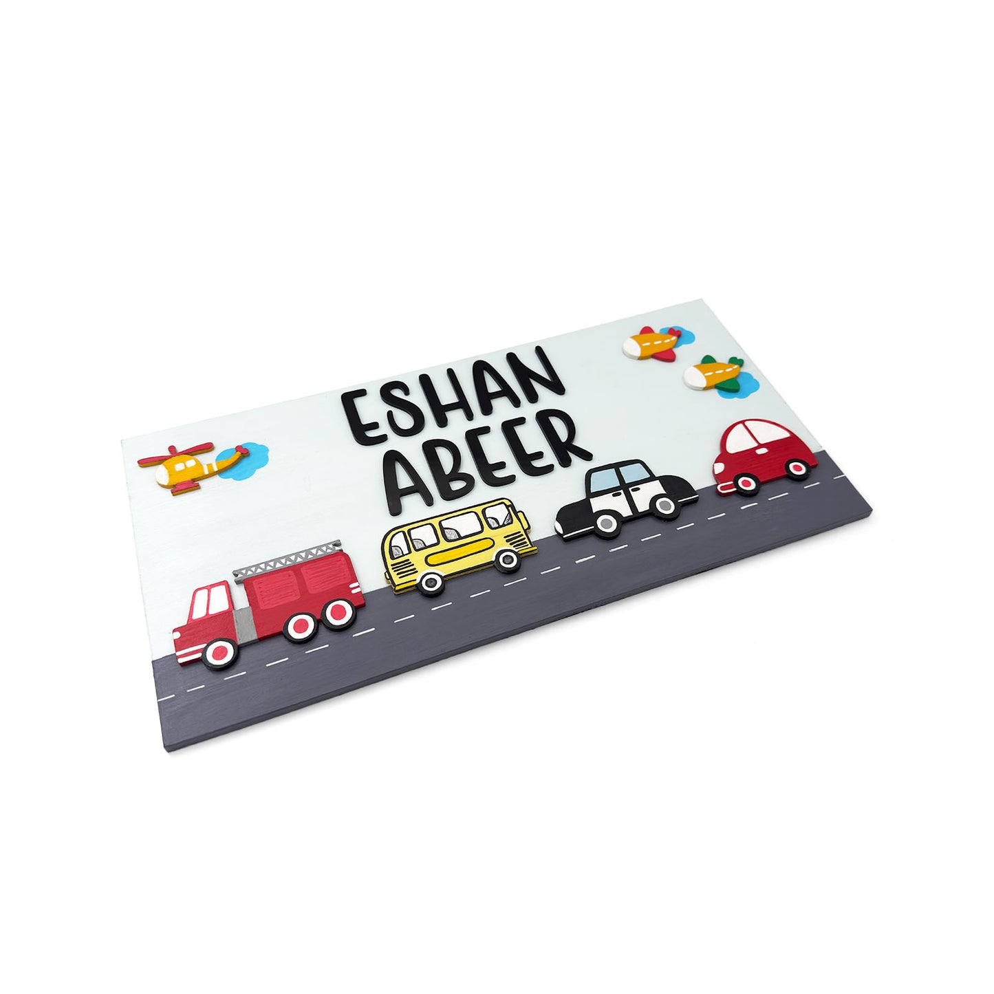 Vehicles Themed Hand-Painted Wooden Kids Name Plate - Light Blue