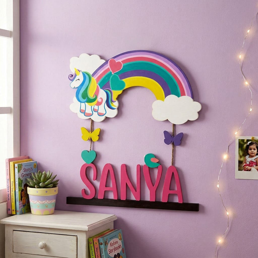 Unicorn Themed Hand-Painted Wooden Kids Name Plate - Design 2