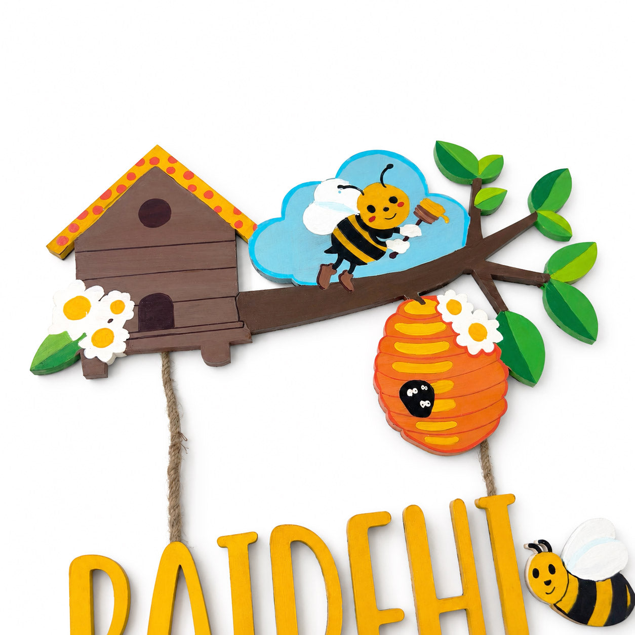 Honey Bee Themed Hand-Painted Wooden Kids Name Plate - Design 1