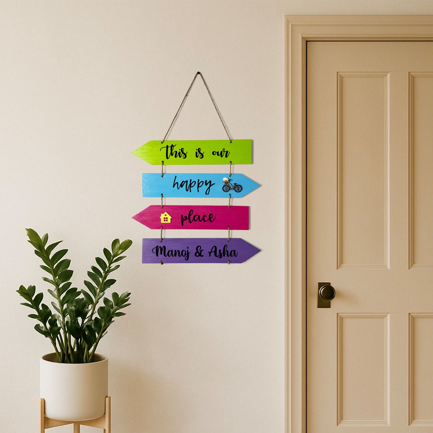 This Is Our Happy Place Hand-Painted Wooden Arrow Plank Name Plate For Home In Vibrant Colors - Four Planks