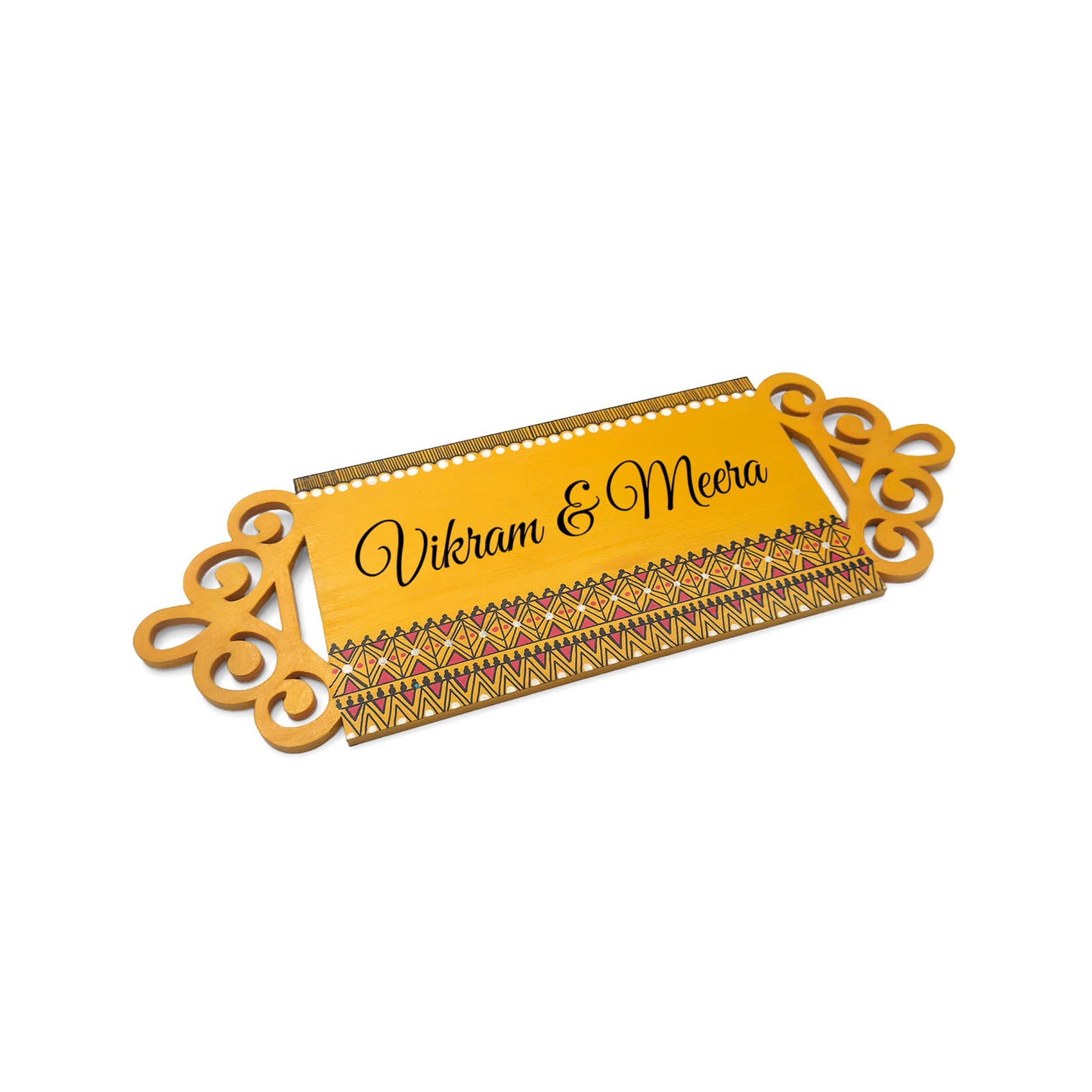 Geometric Artwork Hand-Painted Wooden Madhubani Name Plate For Home