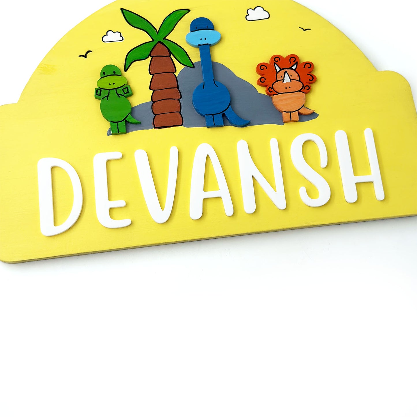 Dinosaur Themed Hand-Painted Wooden Arch-Shaped Kids Name Plate