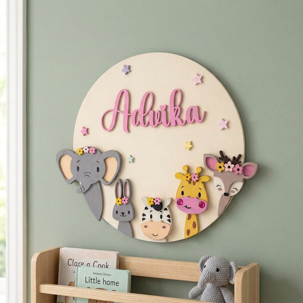 Animal Themed Hand-Painted Wooden Round Kids Name Plate - Design 9