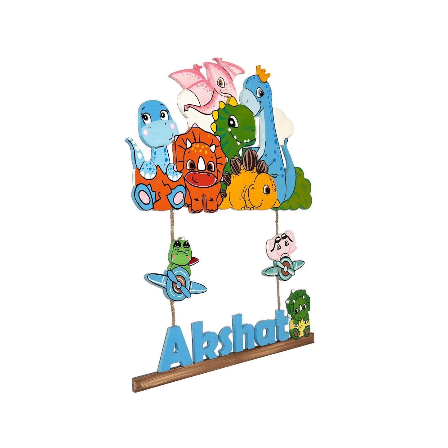 Dinosaur Themed Hand-Painted Wooden Kids Name Plate