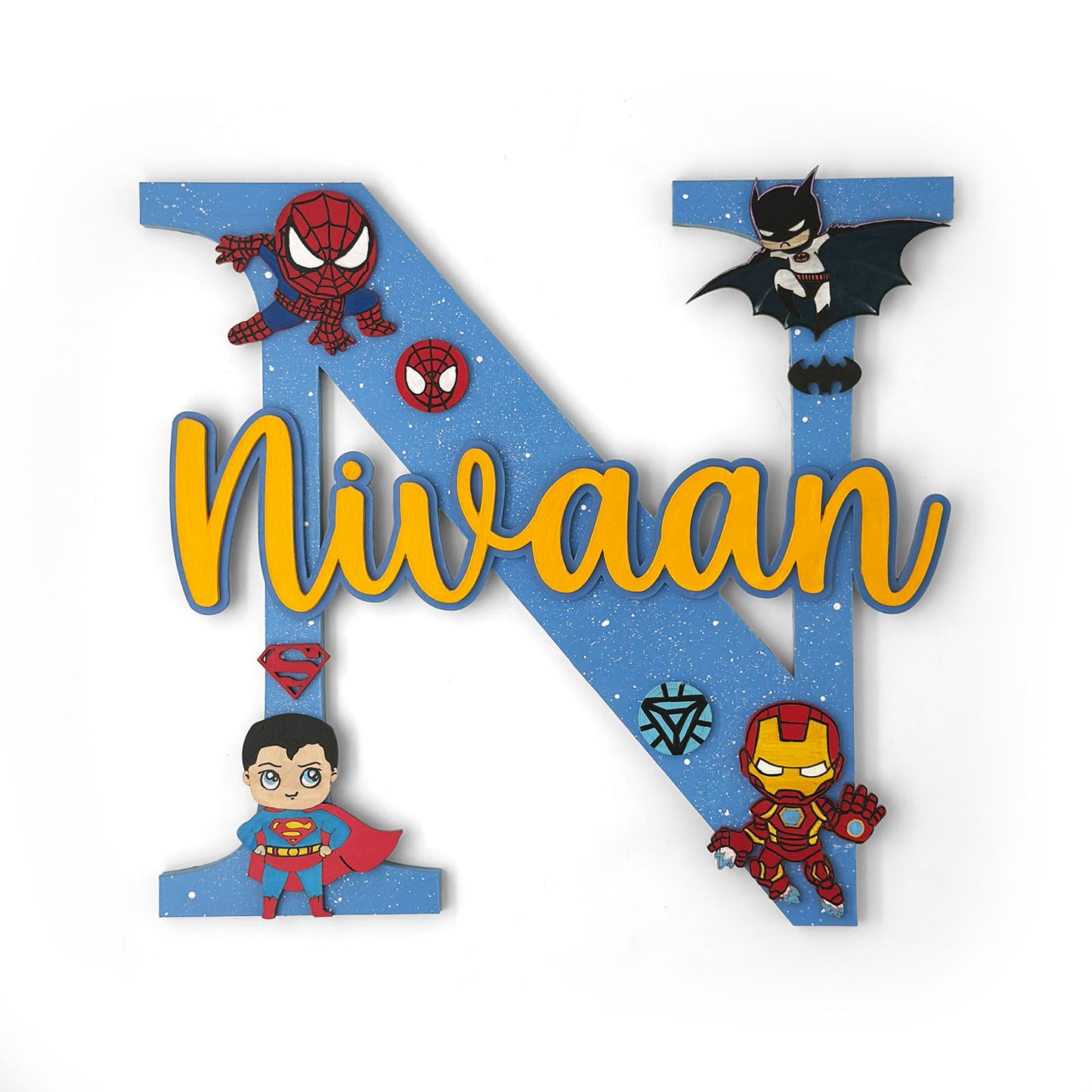 Superheroes Avengers Themed Layered Alphabet Initial Hand-Painted Wooden Kids Name Plate - Design 2