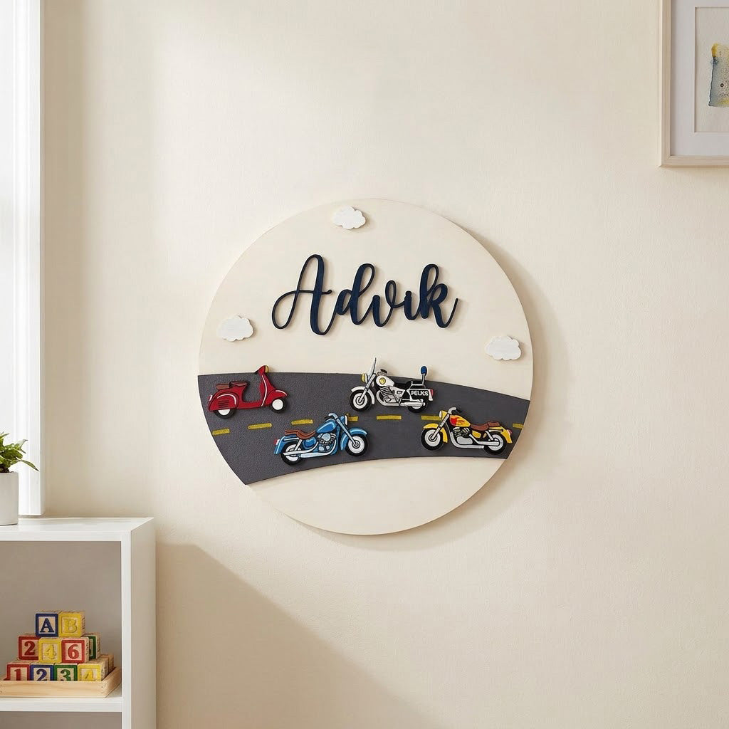 Bikes Themed Hand-Painted Wooden Round Kids Name Plate - Design 1