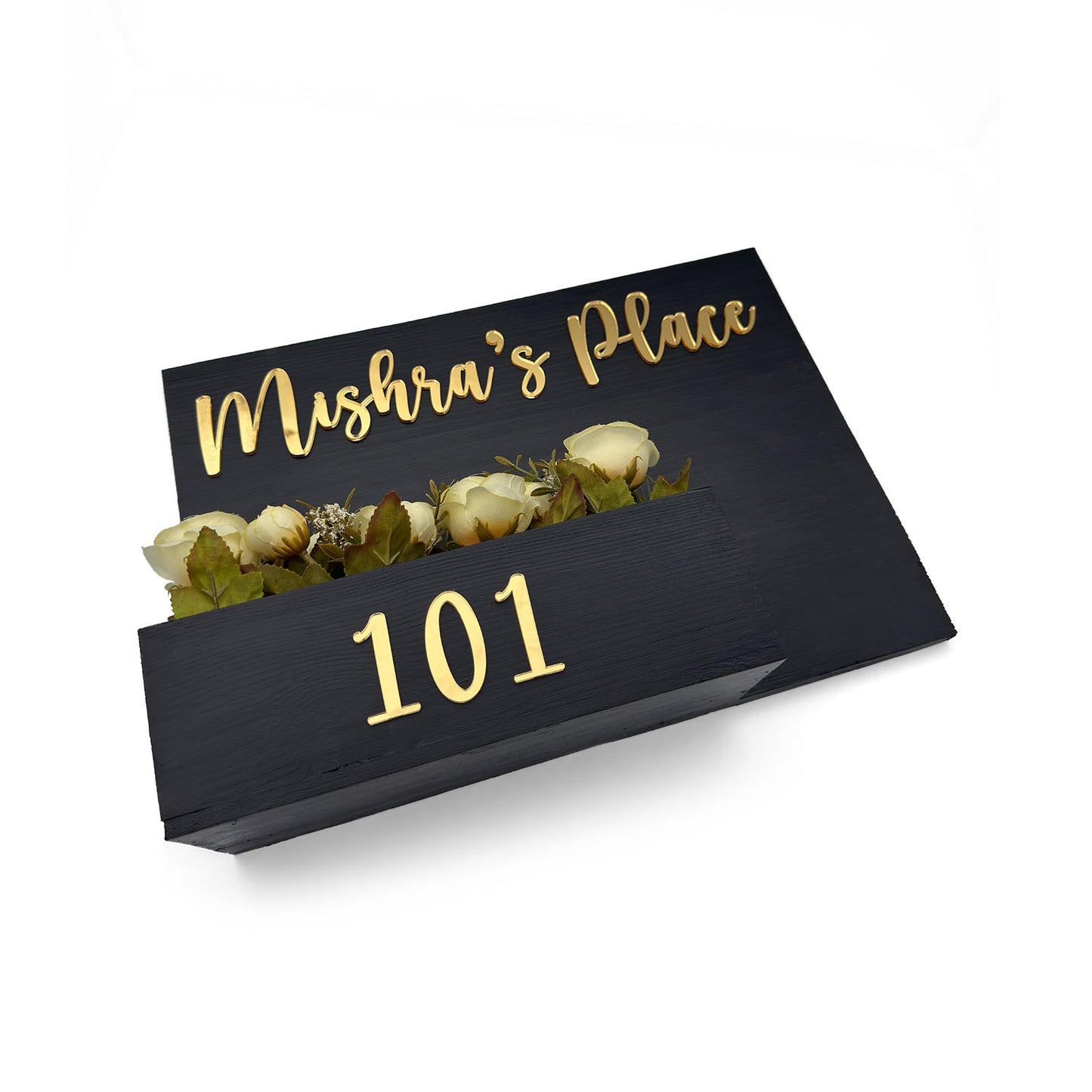 Rectangular Hand-Painted Wooden Planter Name Plate For Home - Black