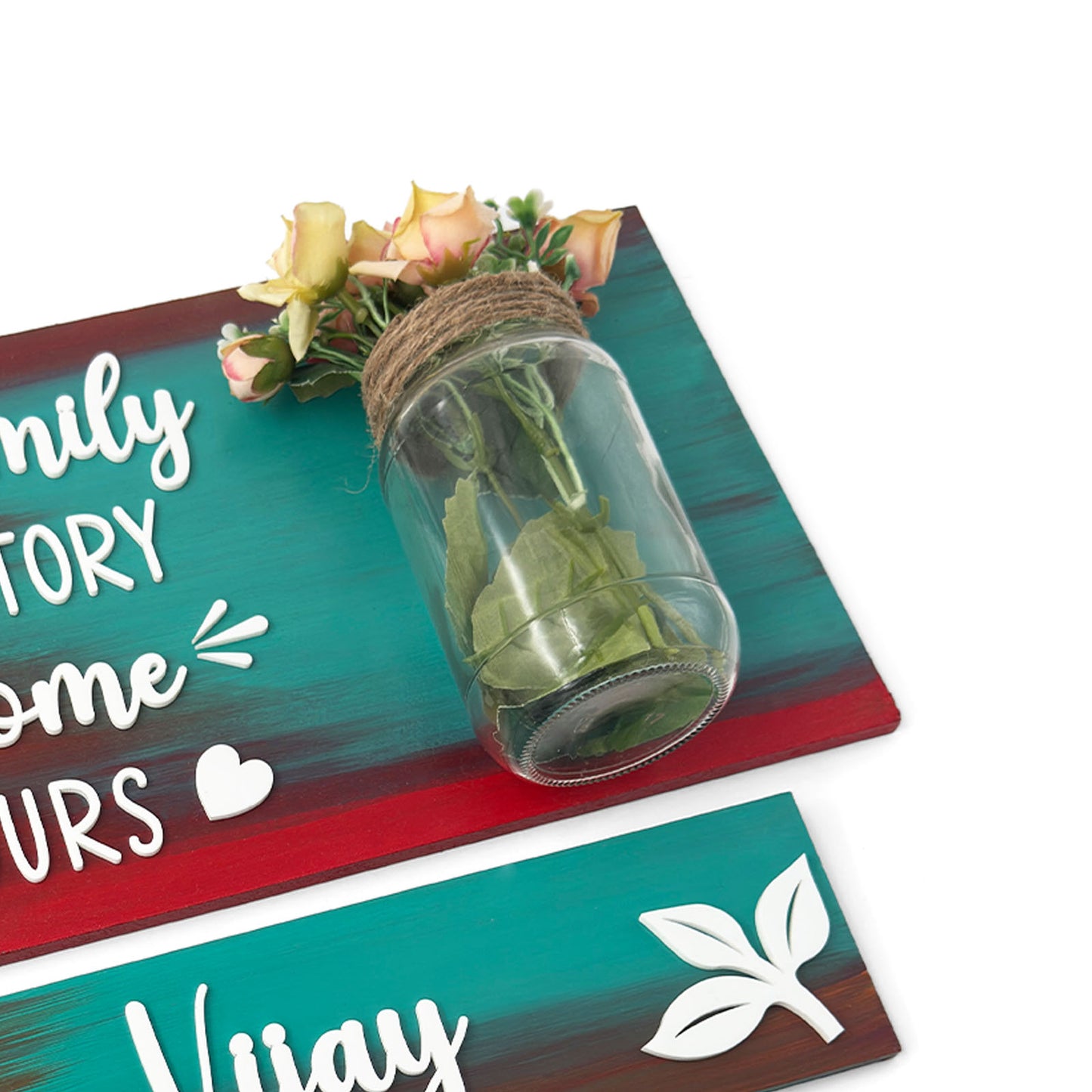 Every Family Has A Story Welcome To Ours Hand-Painted Wooden Name Plate With Jar For Home - Jar Board & Two Planks