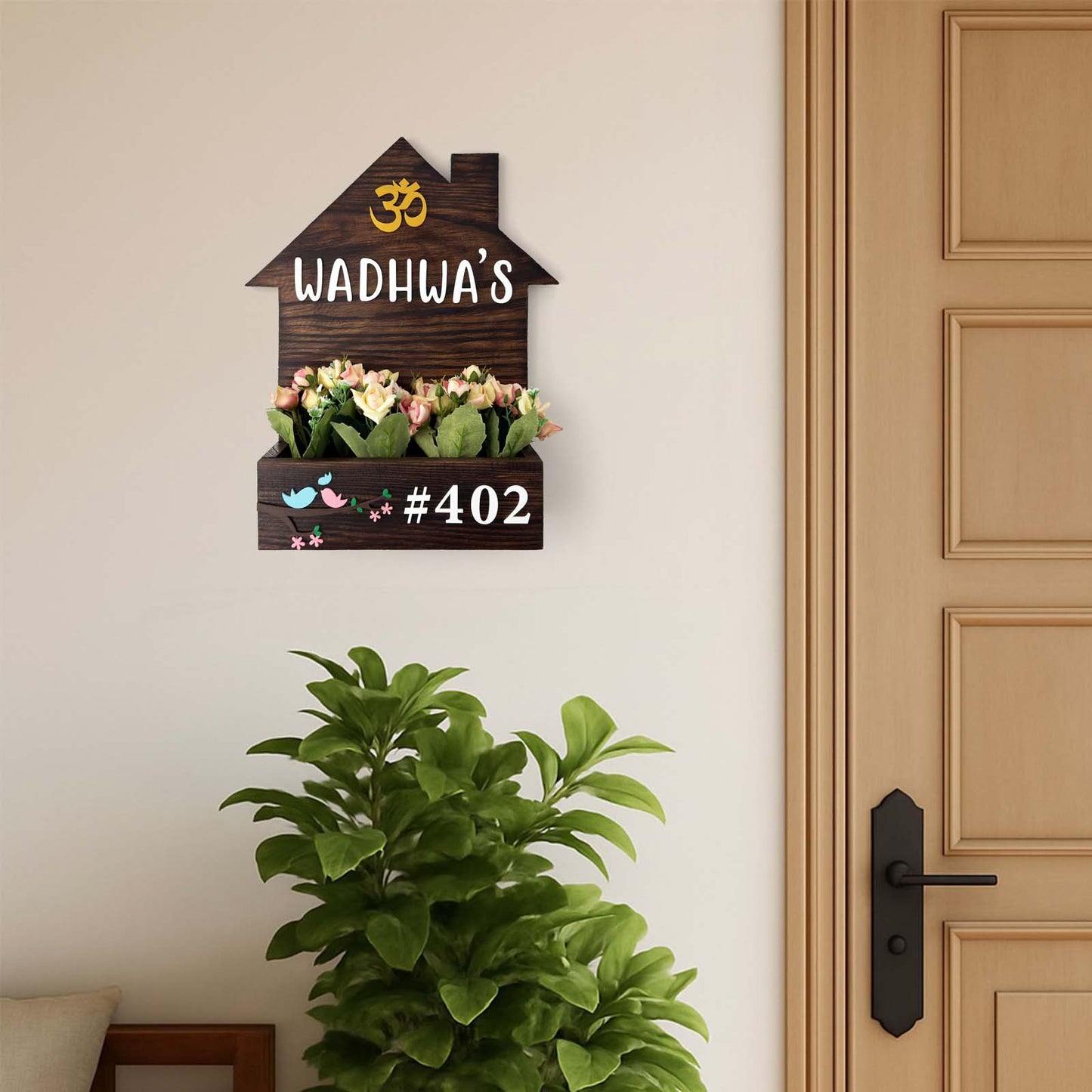 Hut-Shaped Hand-Painted Wooden Planter Name Plate For Home - Wooden Finish