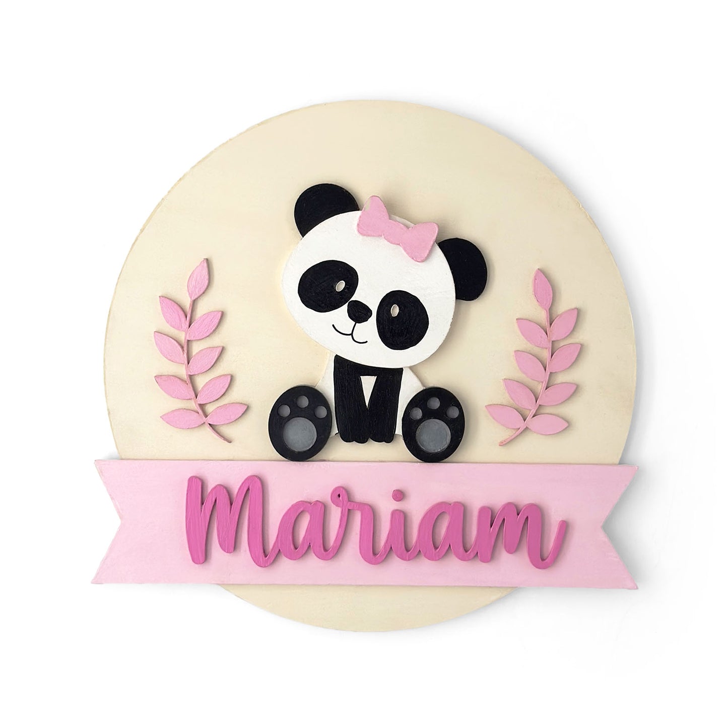 Panda Themed Hand-Painted Wooden Round Kids Name Plate - Design 1