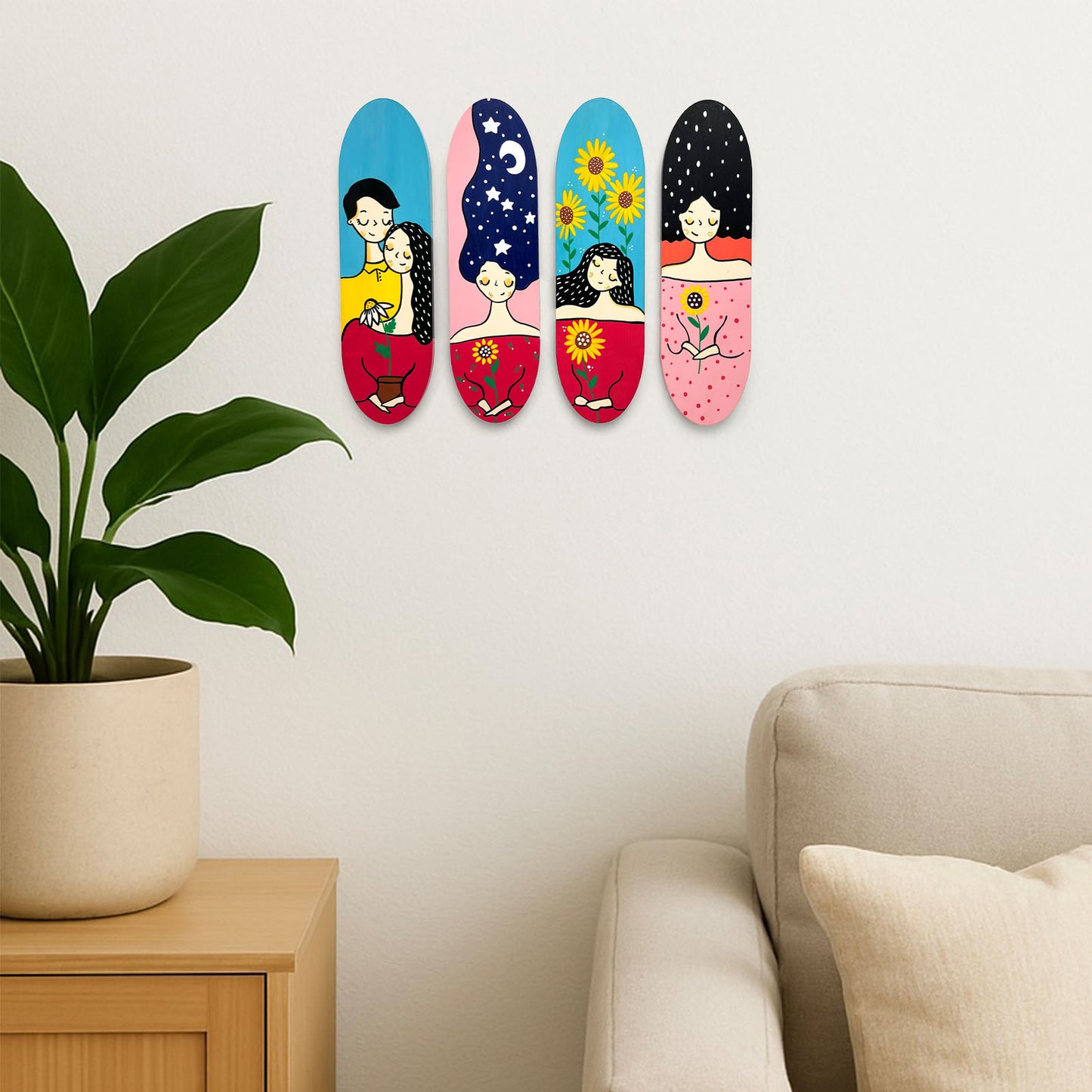 Happy Girl Hand-Painted Wooden Oval Wall Hanging Set of 4
